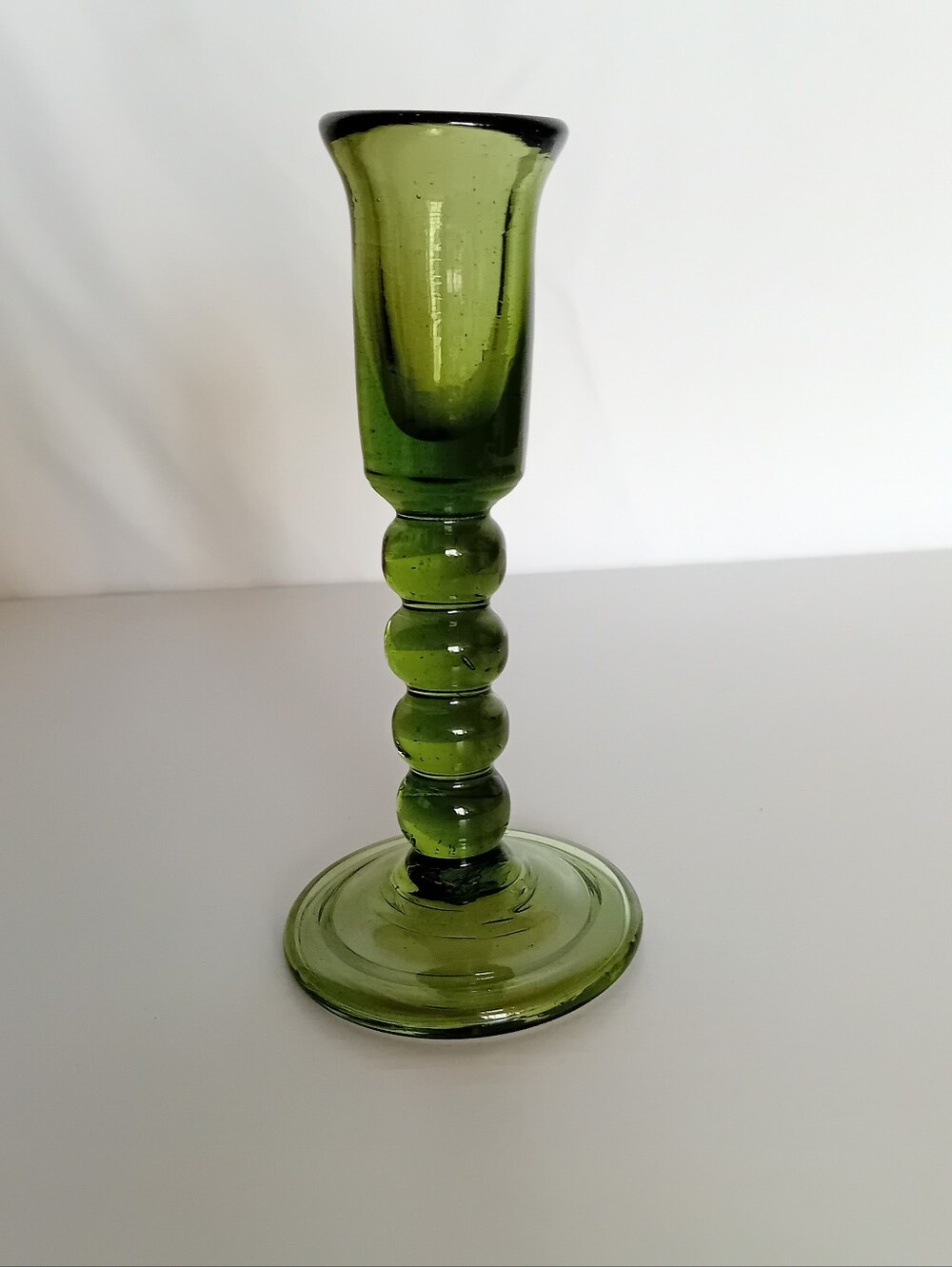 Vintage Green Jamestown Glass House Hand Blown Candlestick Holder Bubble Stem